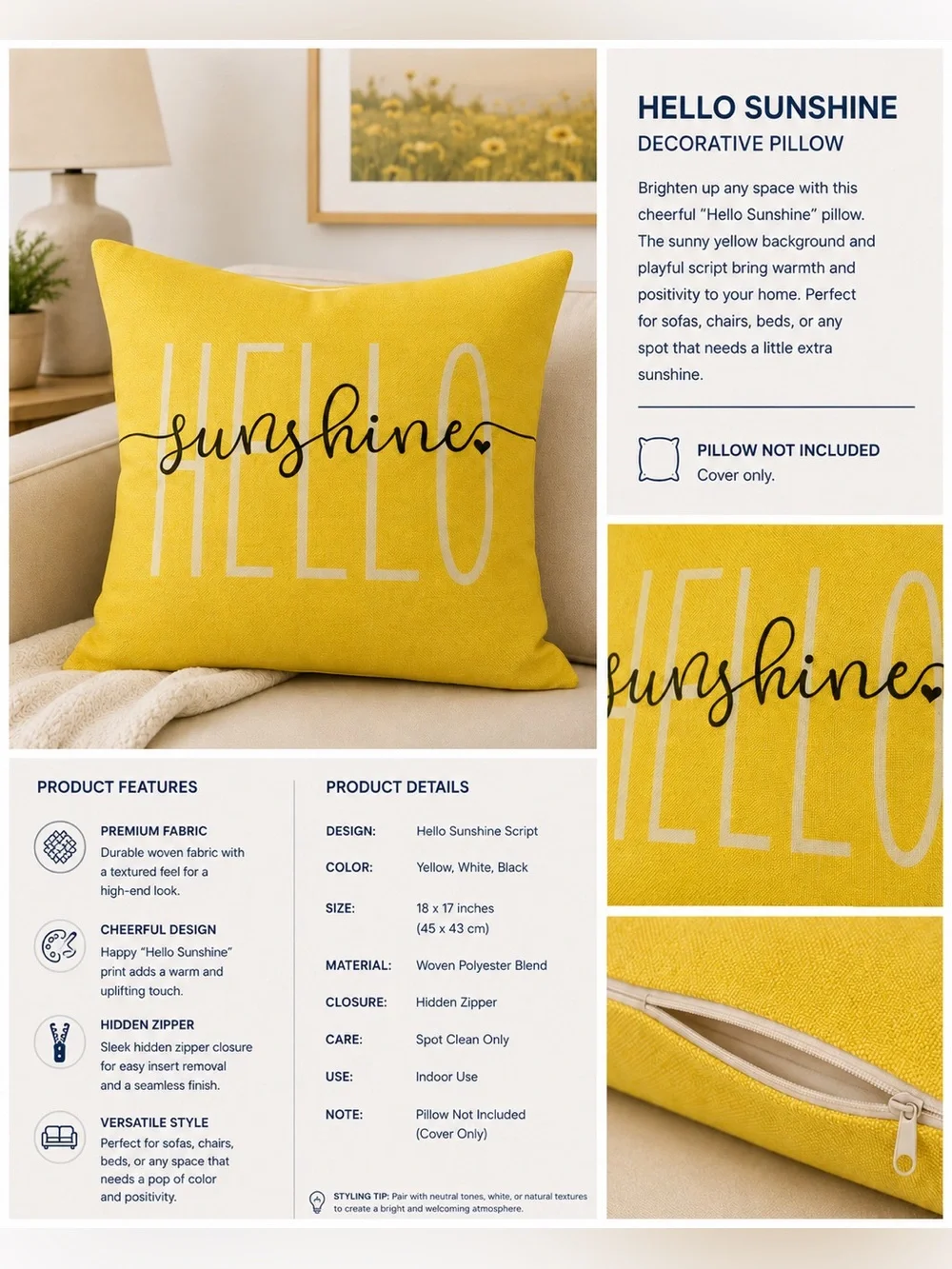 Pillow cover -Hello Sunshine Yellow Script
